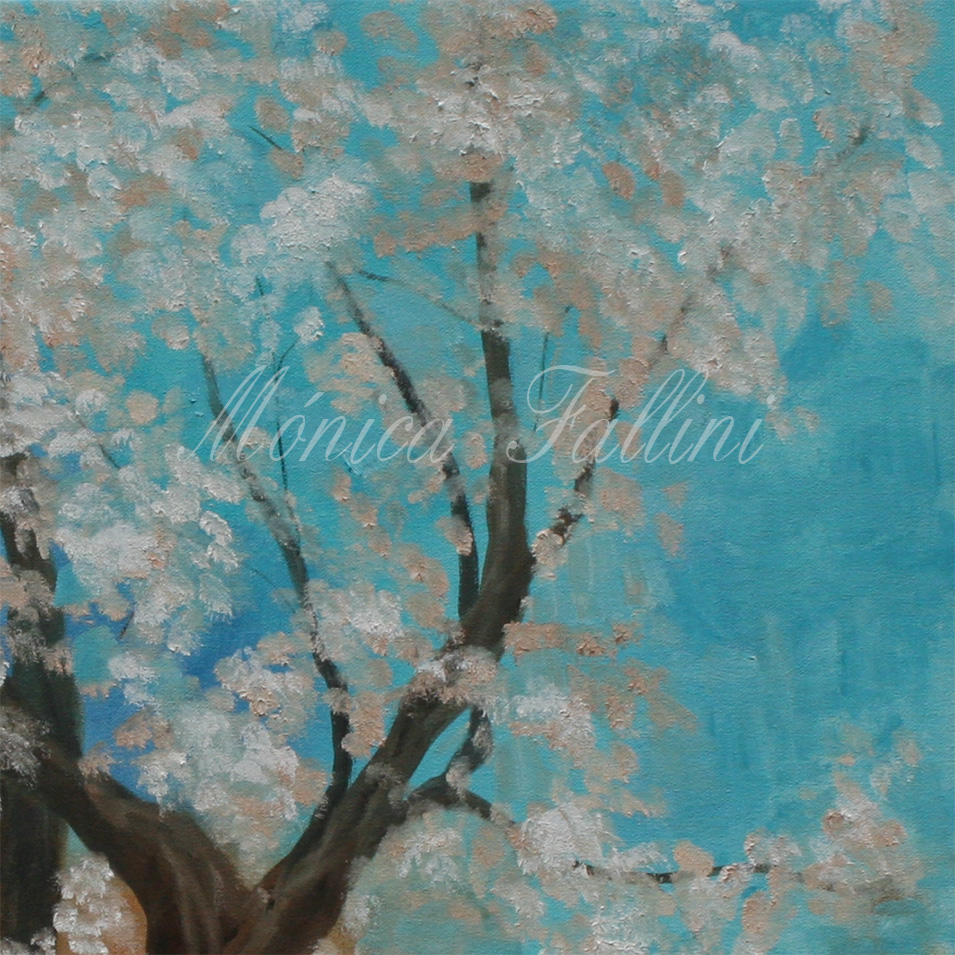 Painting titled 'One night at the lake, near the Cherry blossoms' by Monica Fallini