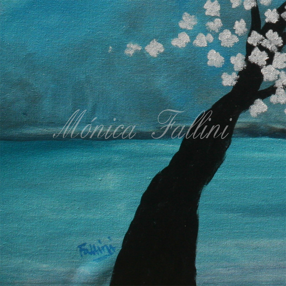 Painting titled 'Night at the lake by the white Cherry blossoms' by Monica Fallini
