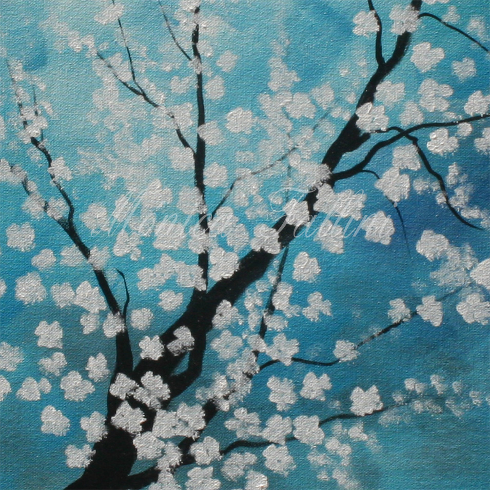Painting titled 'Night at the lake by the white Cherry blossoms' by Monica Fallini