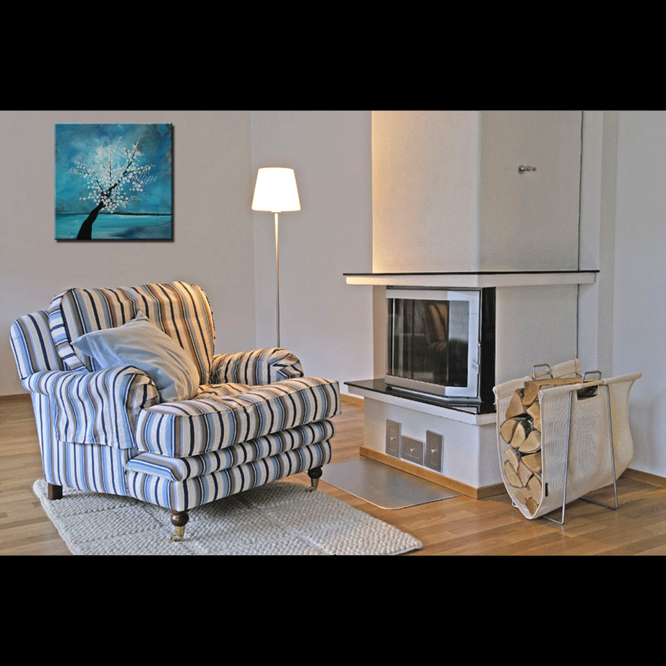Painting titled 'Night at the lake by the white Cherry blossoms' by Monica Fallini
