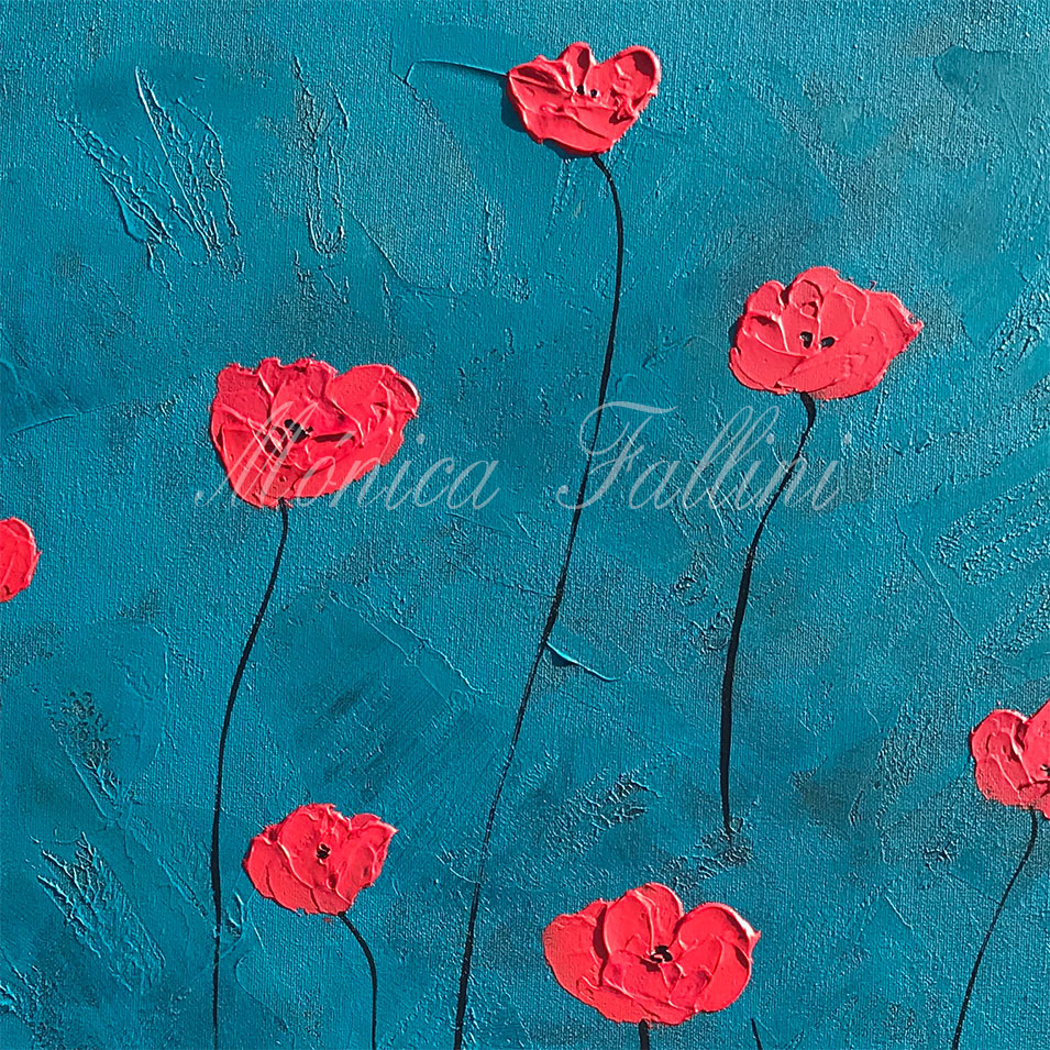 Painting titled 'Red Poppies in a turquoise dream' by Monica Fallini