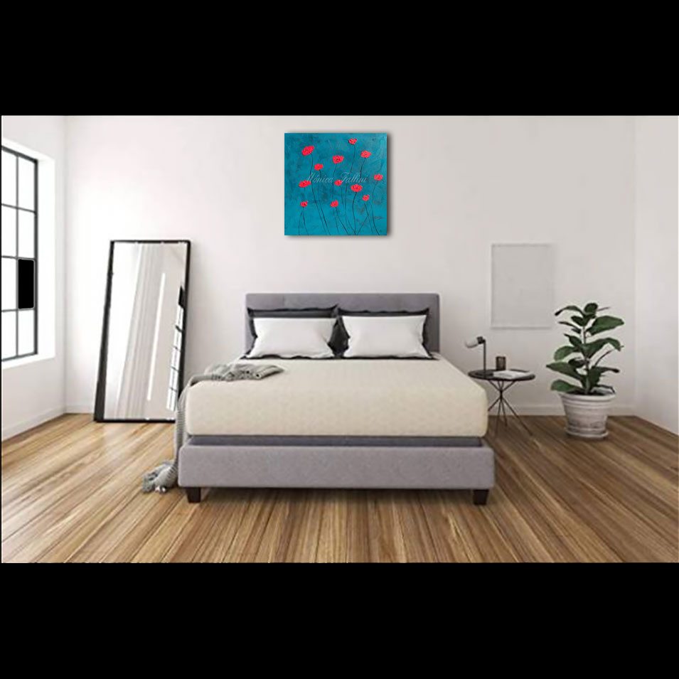 Painting titled 'Red Poppies in a turquoise dream' by Monica Fallini