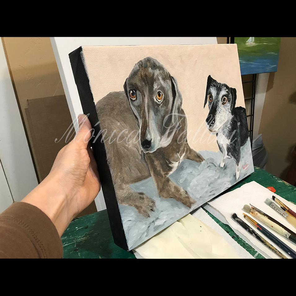 Painting titled 'Two dogs portrait commission' by Monica Fallini
