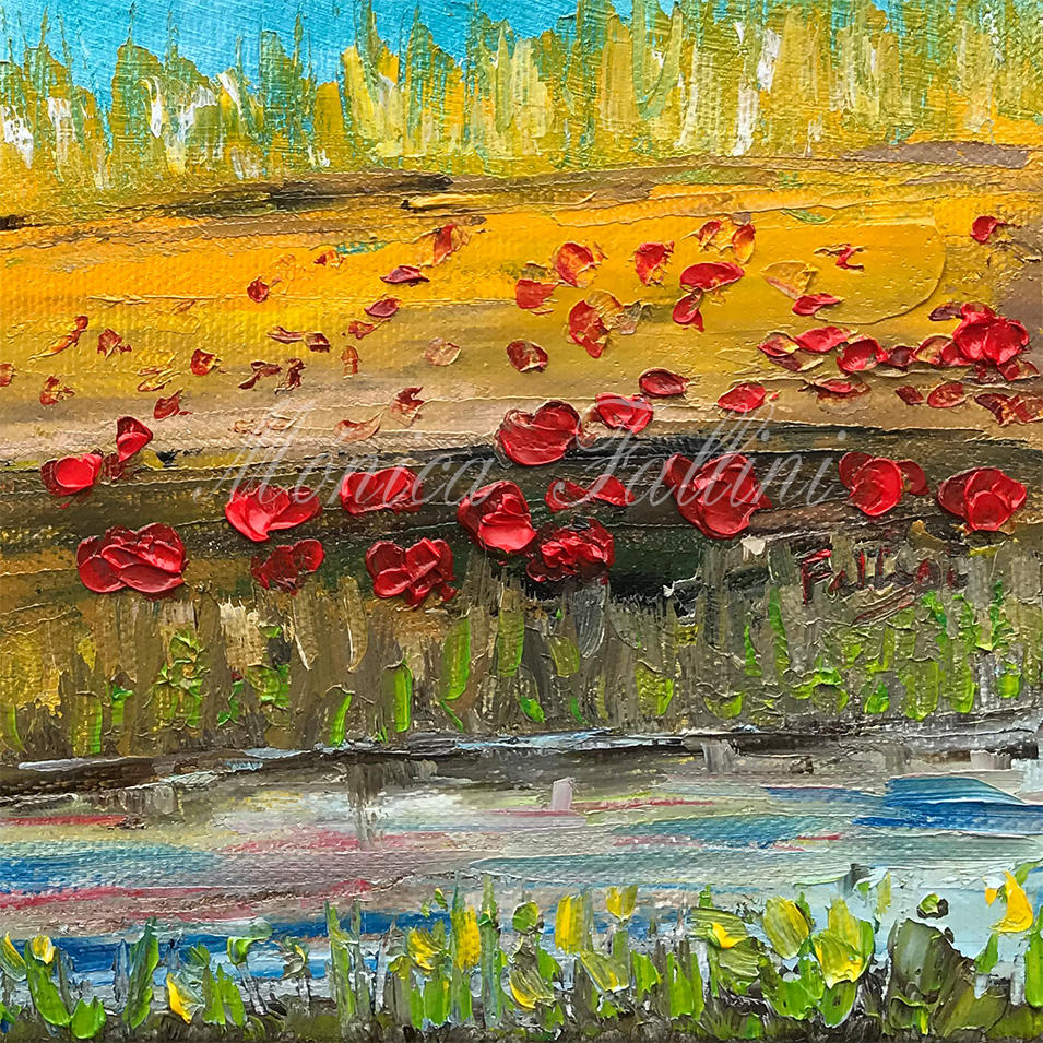 Painting titled 'Poppies by the pond' by Monica Fallini