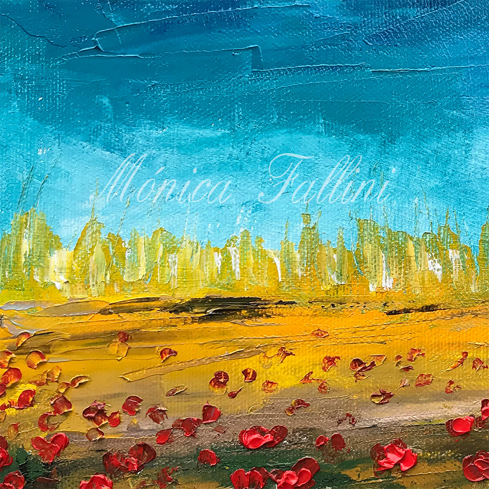 Painting titled 'Poppies by the pond' by Monica Fallini