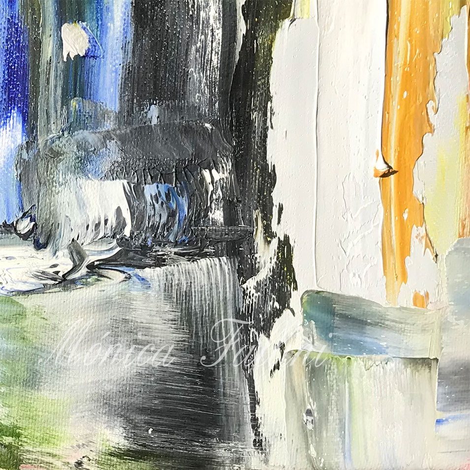 Painting titled 'Doorway in the city at night' by Monica Fallini