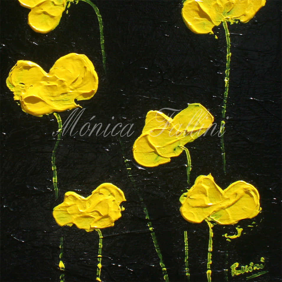 Painting titled 'Yellow Poppies on black' by Monica Fallini