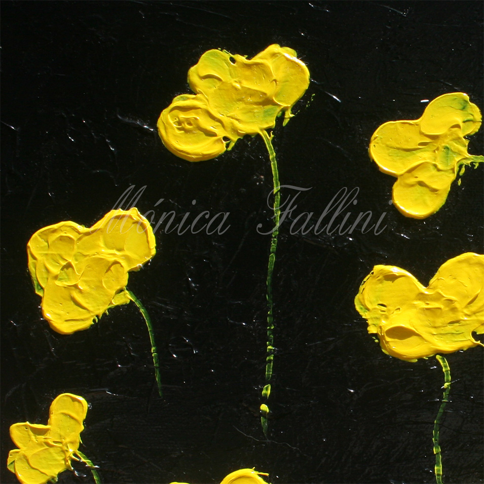Painting titled 'Yellow Poppies on black' by Monica Fallini