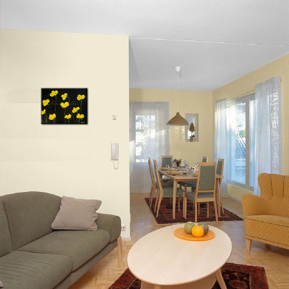 Painting titled 'Yellow Poppies on black' by Monica Fallini