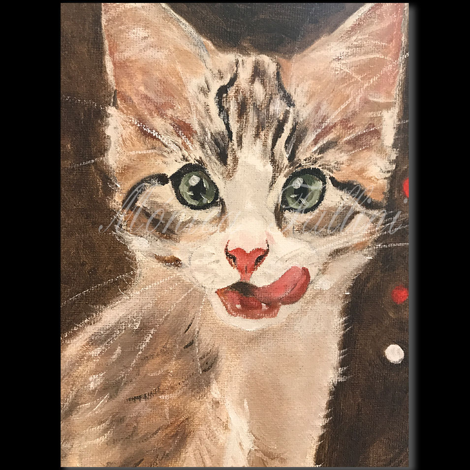 Painting titled 'After breakfast, kitten portrait.' by Monica Fallini