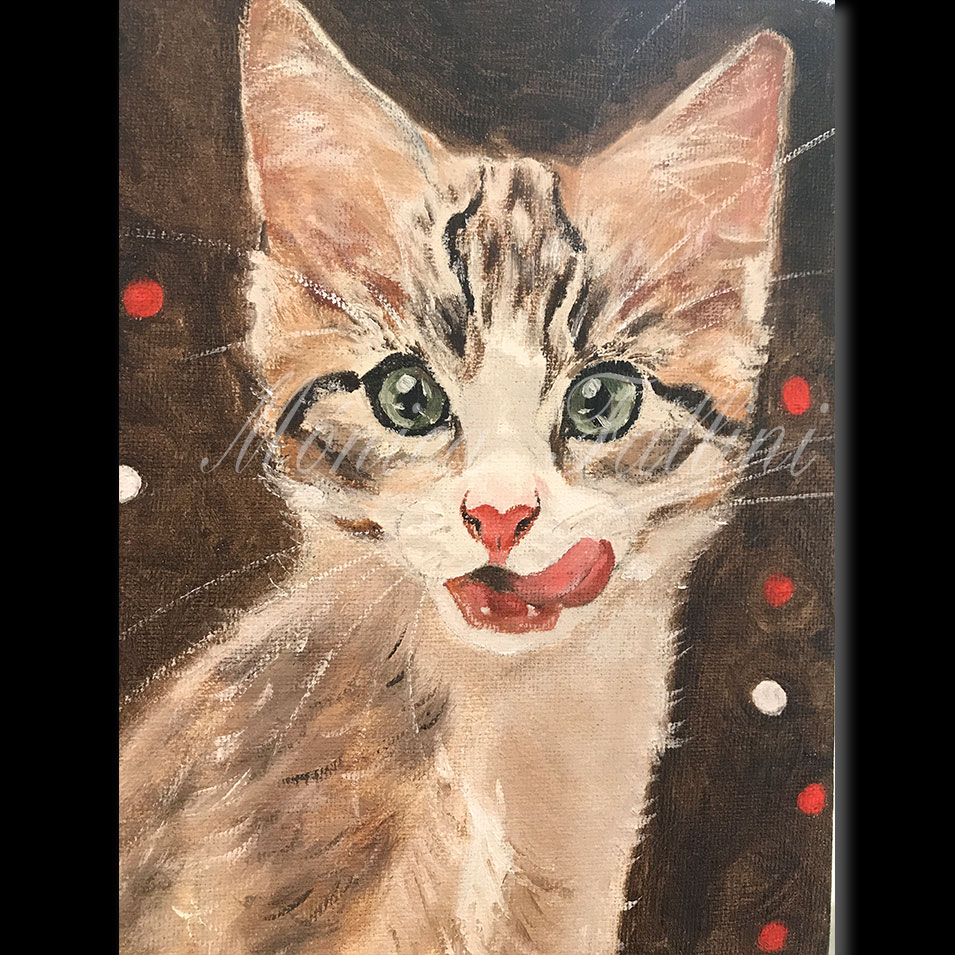 Painting titled 'After breakfast, kitten portrait.' by Monica Fallini