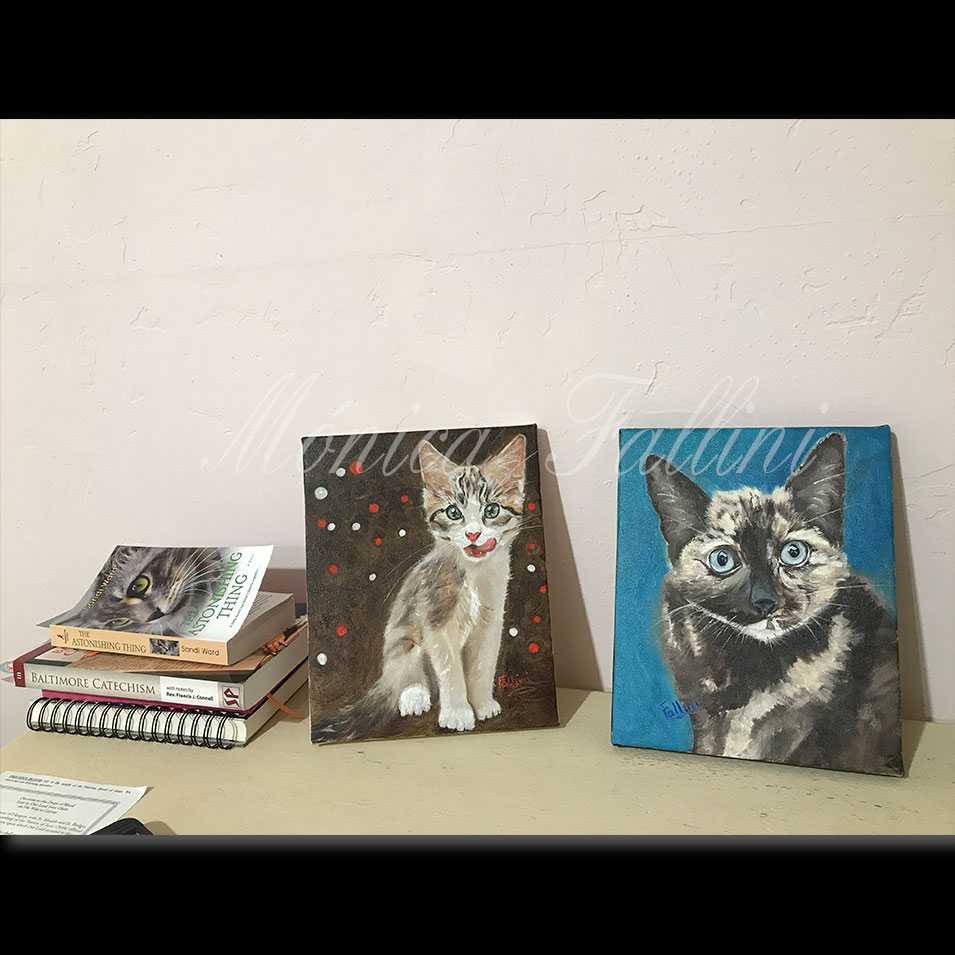 Painting titled 'After breakfast, kitten portrait.' by Monica Fallini