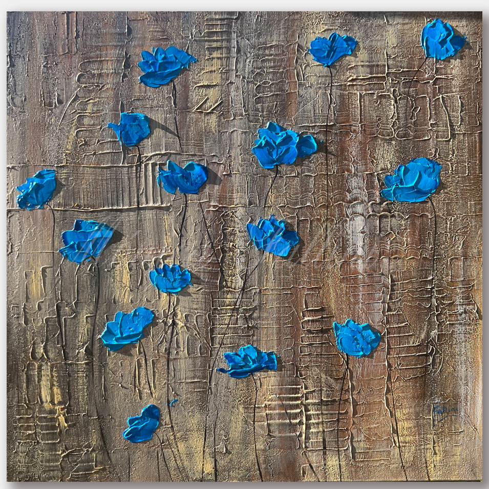 Painting titled 'The blue Poppies in the winter rain.' by Monica Fallini