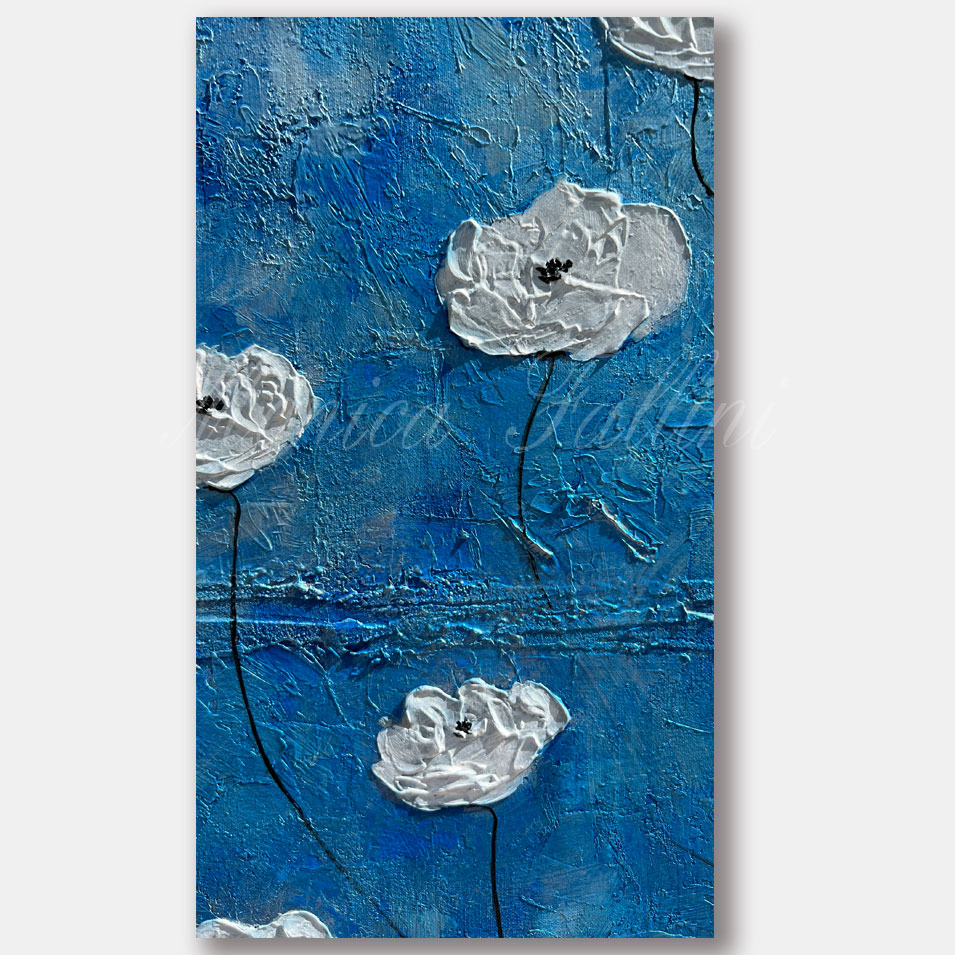 Painting titled 'Blue sky, white Poppies.' by Monica Fallini