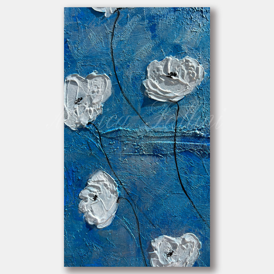 Painting titled 'Blue sky, white Poppies.' by Monica Fallini