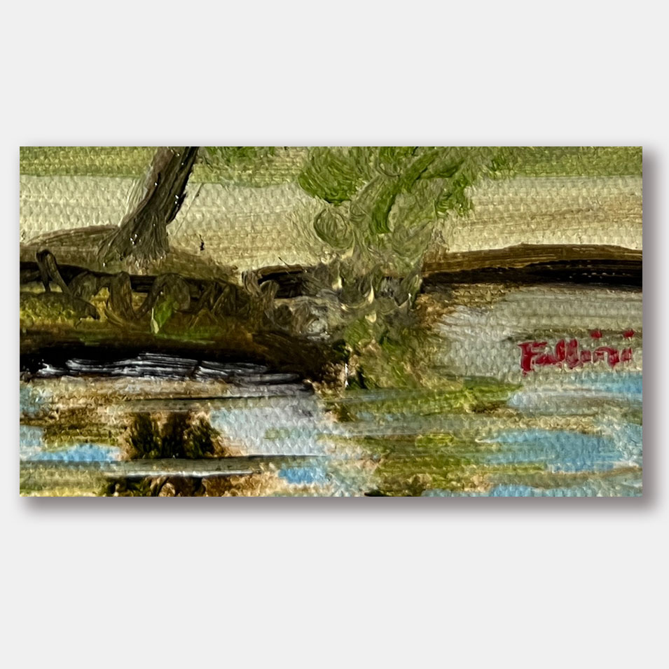 Painting titled 'Landscape with trees and pond.' by Monica Fallini