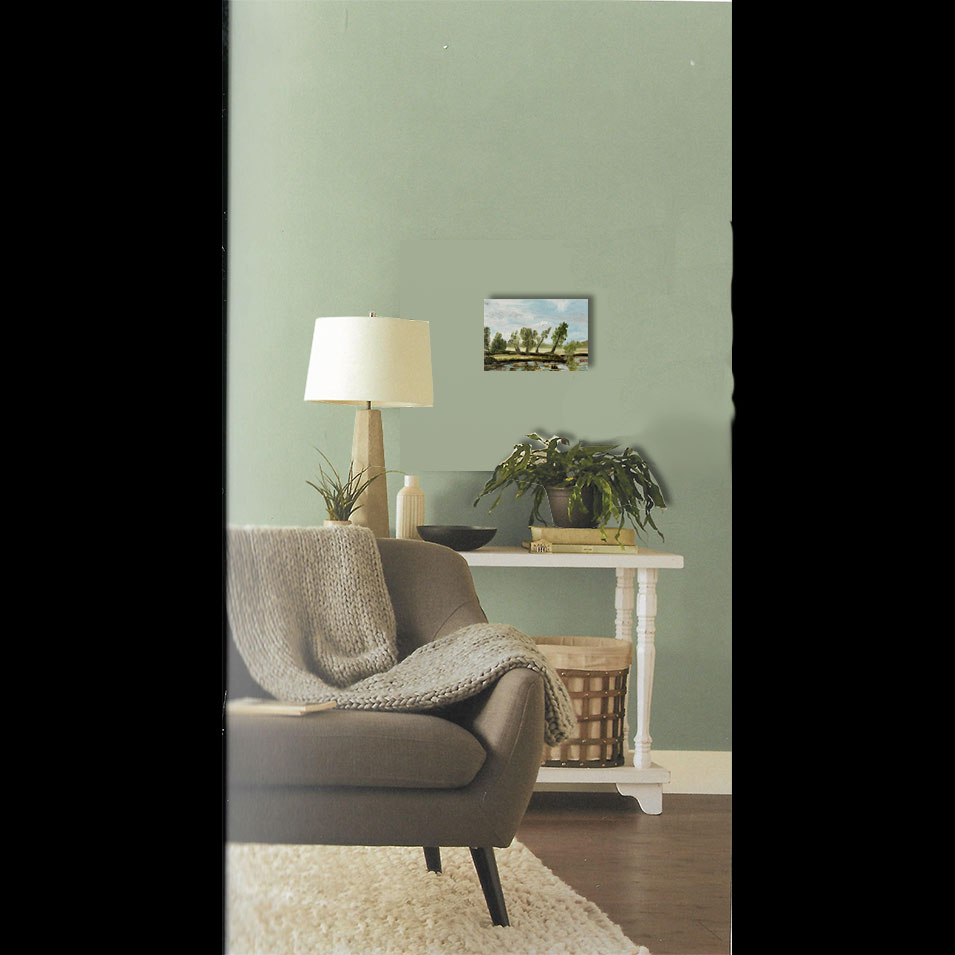 Painting titled 'Landscape with trees and pond.' by Monica Fallini