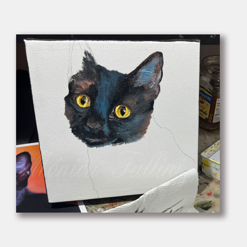 Painting titled 'Portrait of a black cat.' by Monica Fallini