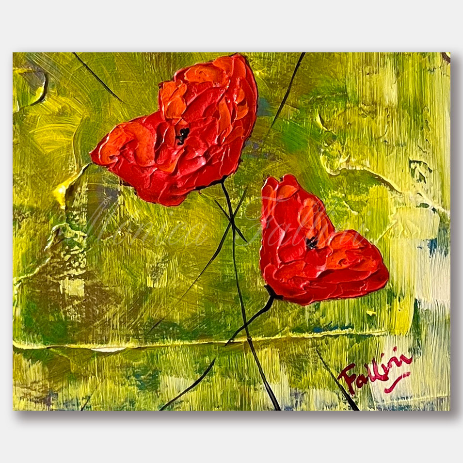 Painting titled 'Five Poppies on a rainy day.' by Monica Fallini