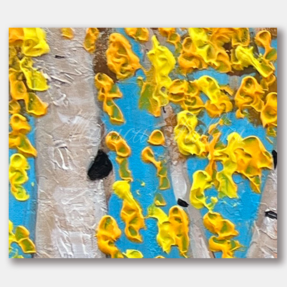 Painting titled 'Golden Aspens, towards the path.' by Monica Fallini