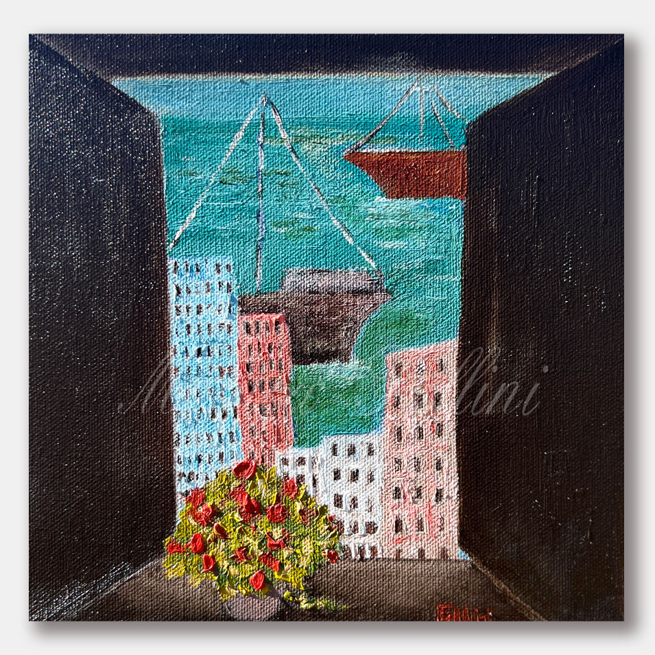 Painting titled 'Memories of Montevideo's port view from my window.' by Monica Fallini