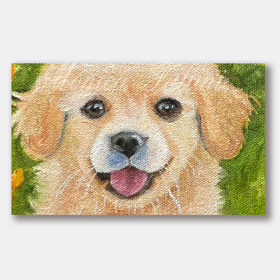 Painting titled 'Puppy in the garden.' by Monica Fallini