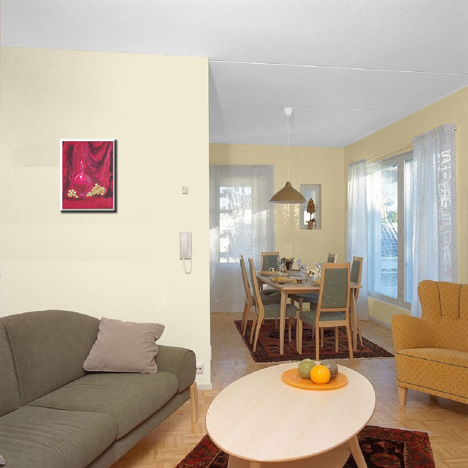 Painting titled 'Red velvet, wine and grapes.' by Monica Fallini