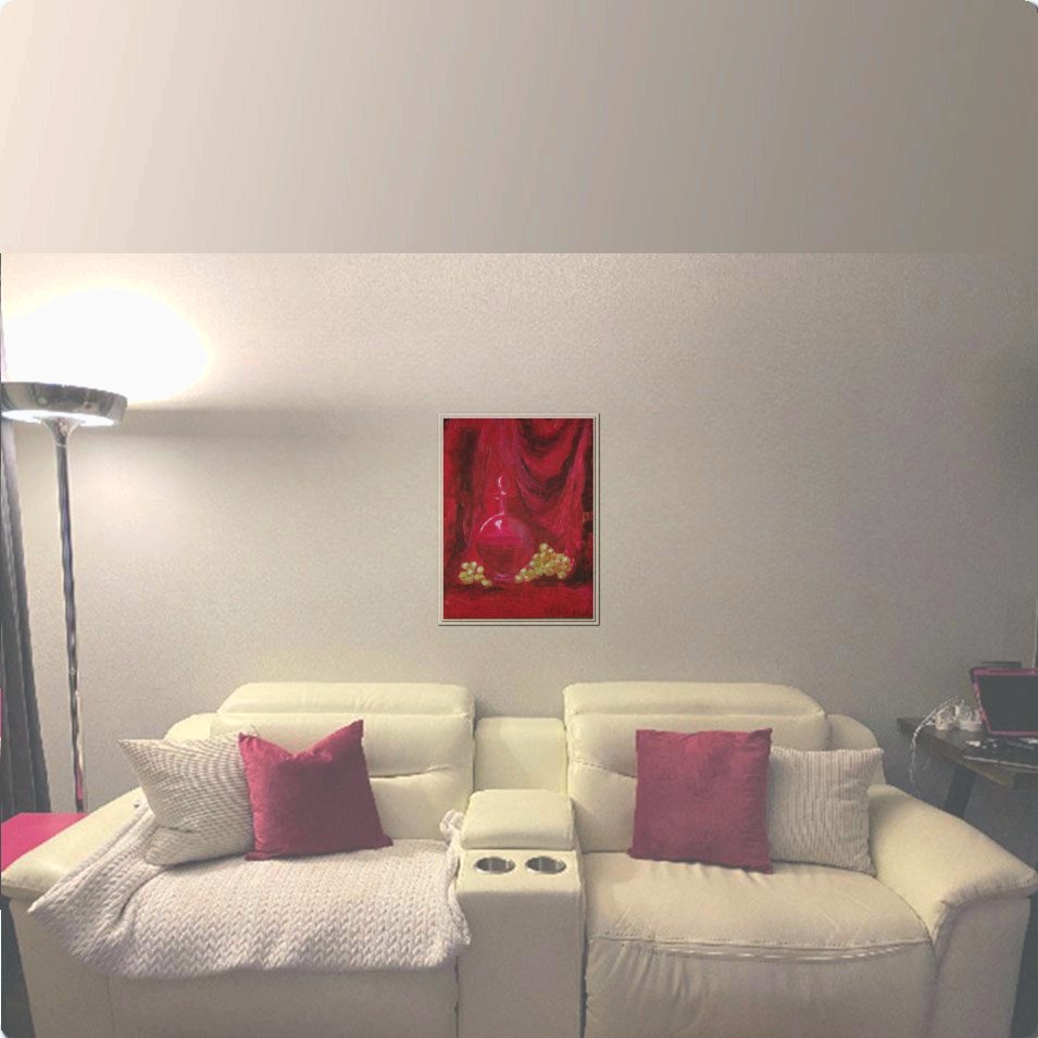 Painting titled 'Red velvet, wine and grapes.' by Monica Fallini