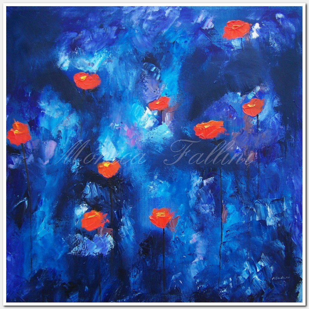 Painting titled 'Orange Poppies on blue.' by Monica Fallini