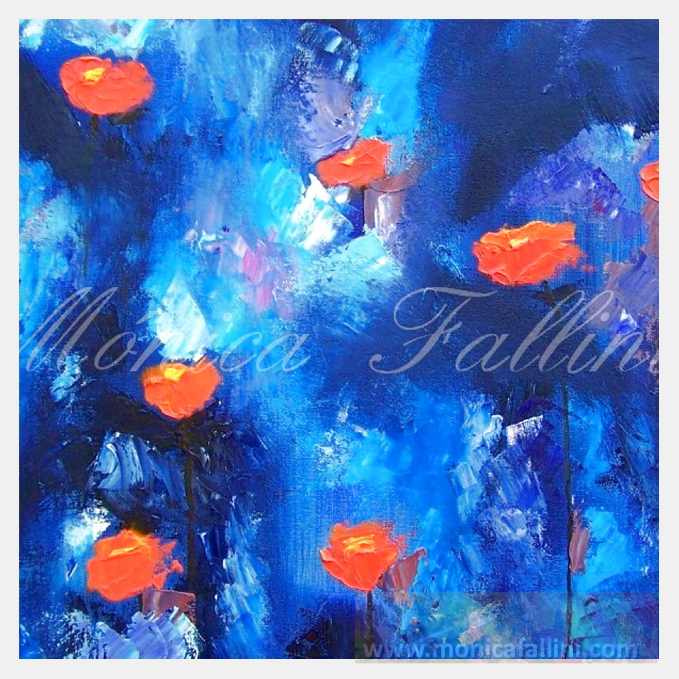 Painting titled 'Orange Poppies on blue.' by Monica Fallini
