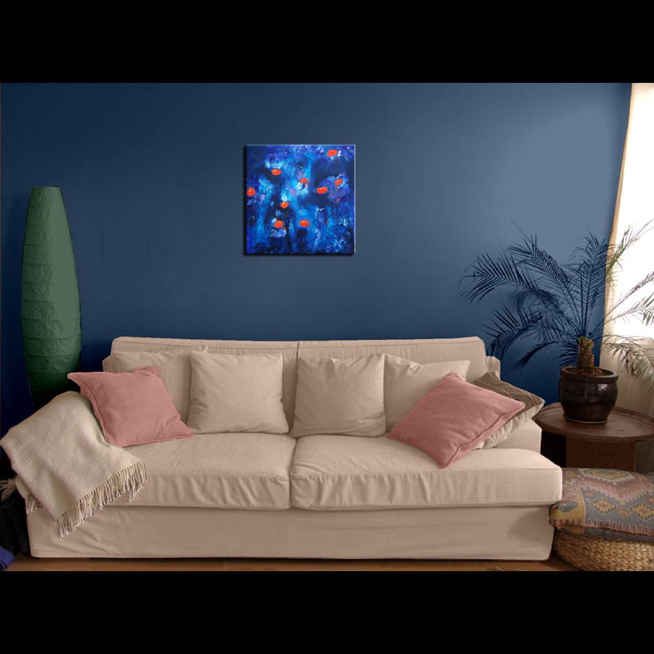 Painting titled 'Orange Poppies on blue.' by Monica Fallini