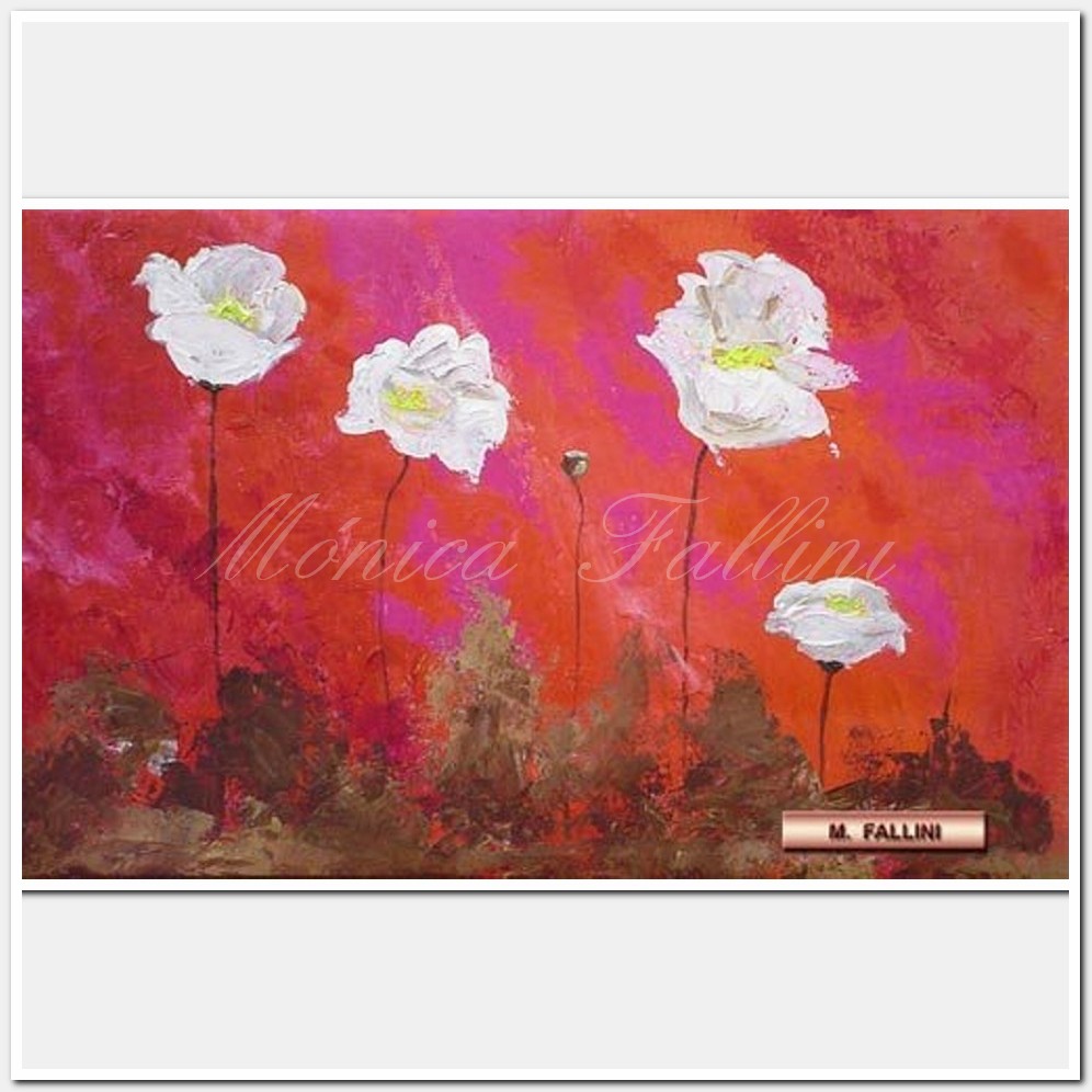 Painting titled 'White Poppies on red background.' by Monica Fallini