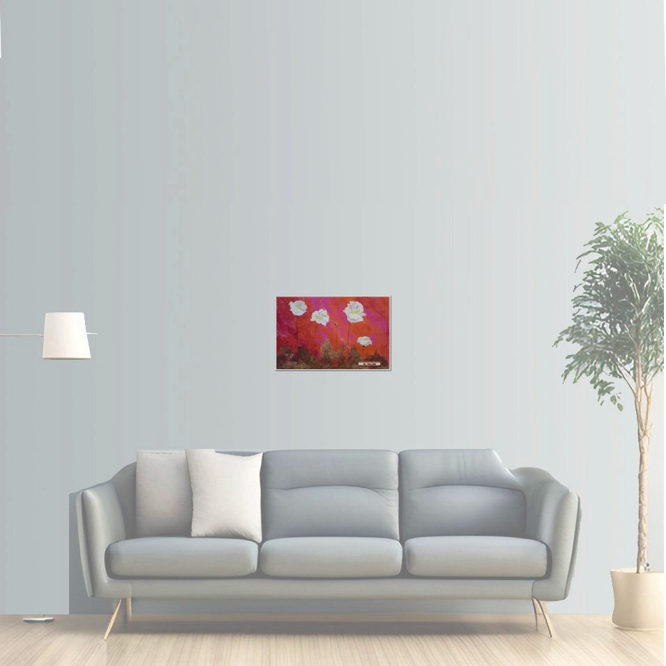 Painting titled 'White Poppies on red background.' by Monica Fallini