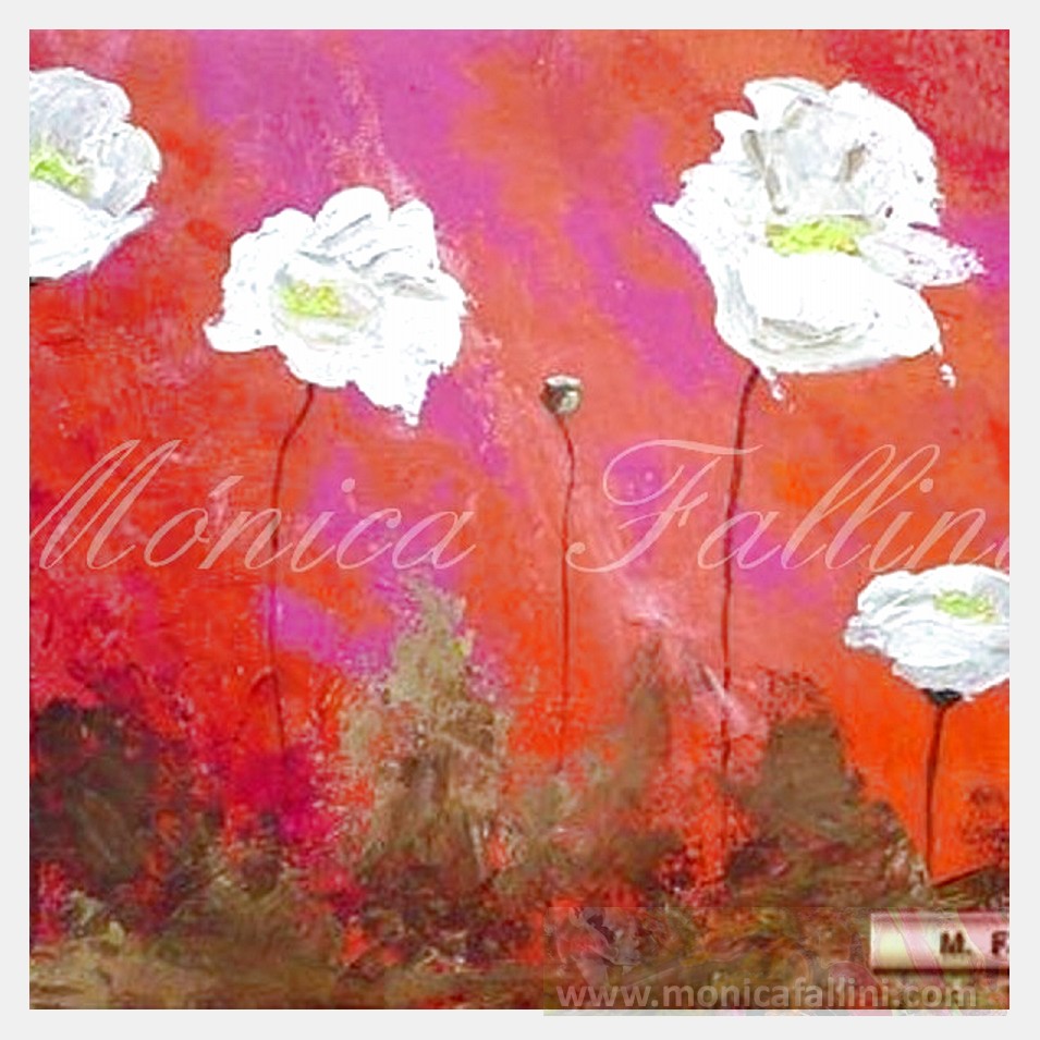 Painting titled 'White Poppies on red background.' by Monica Fallini