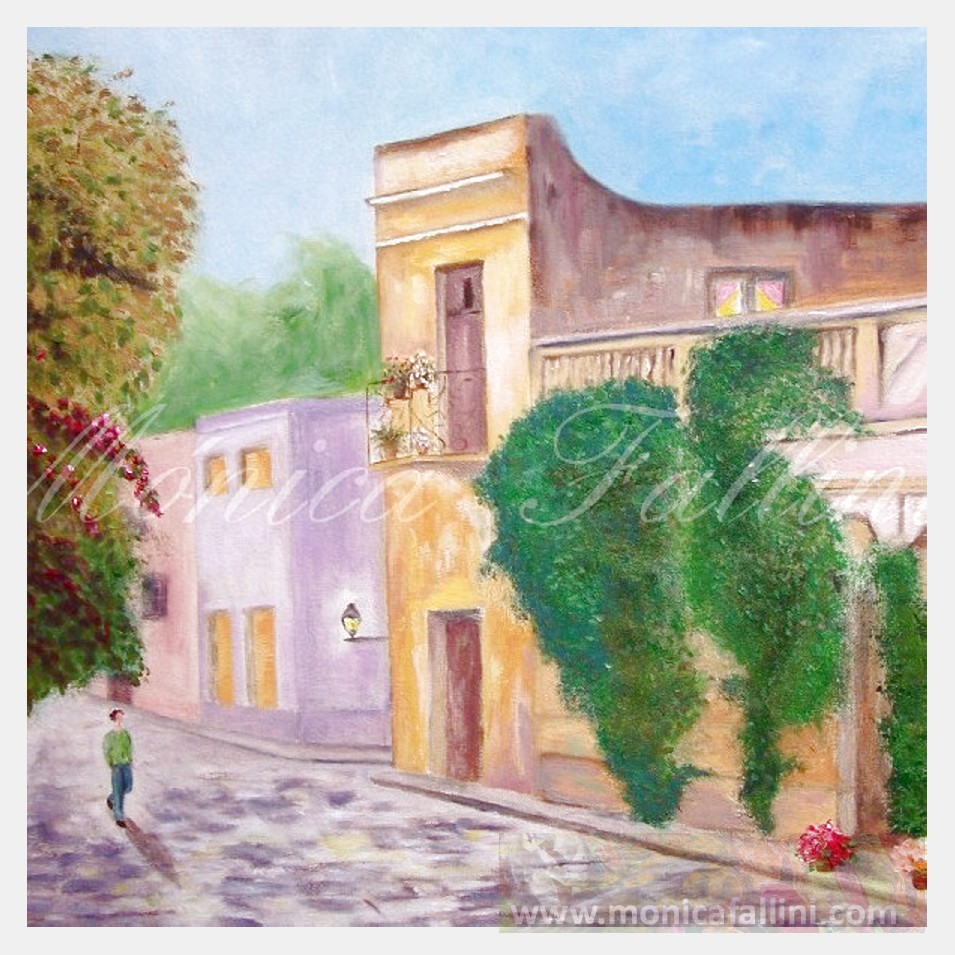 Painting titled 'One Saturday afternoon in Colonia. Uruguay' by Monica Fallini