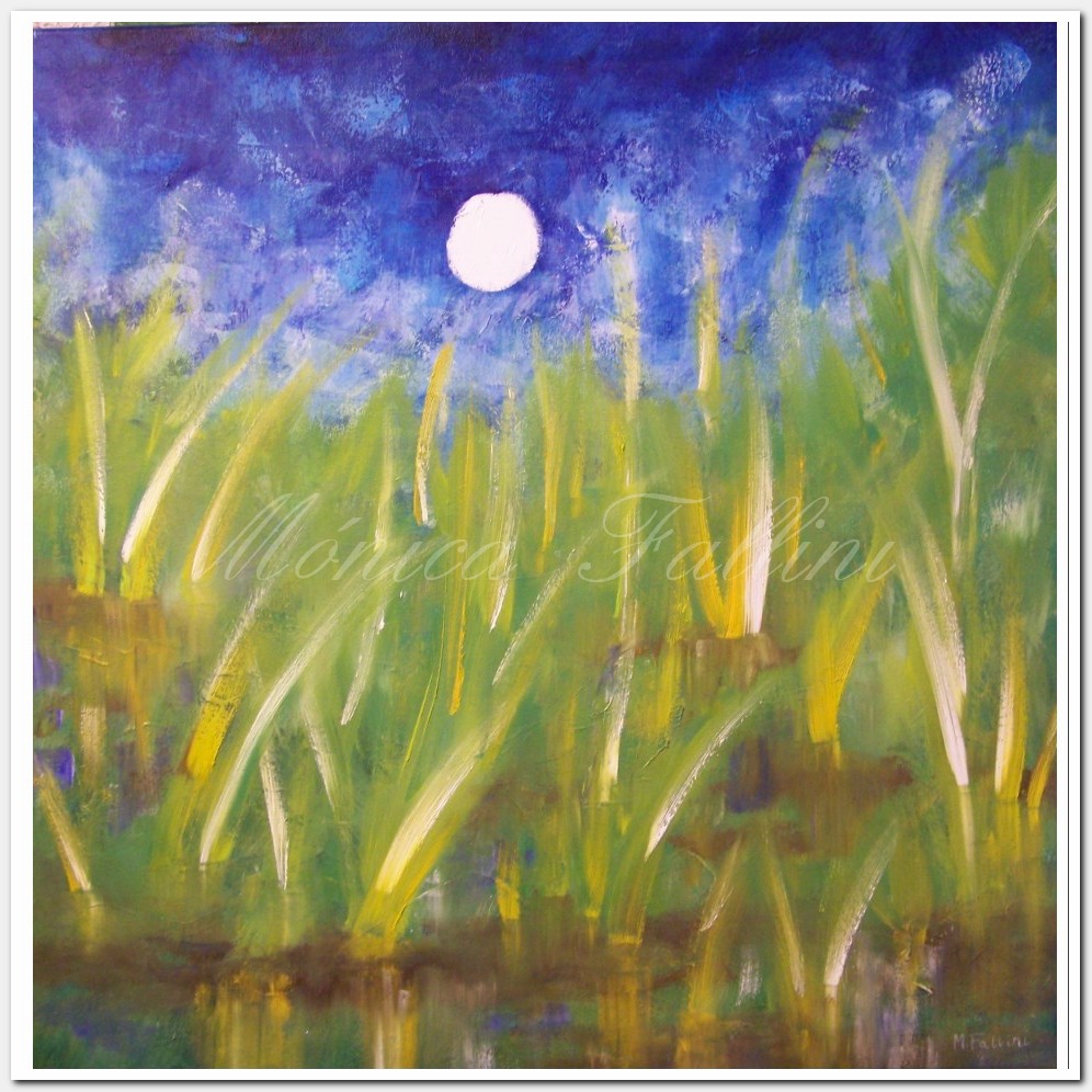 Painting titled 'Moonlight by the swamp' by Monica Fallini