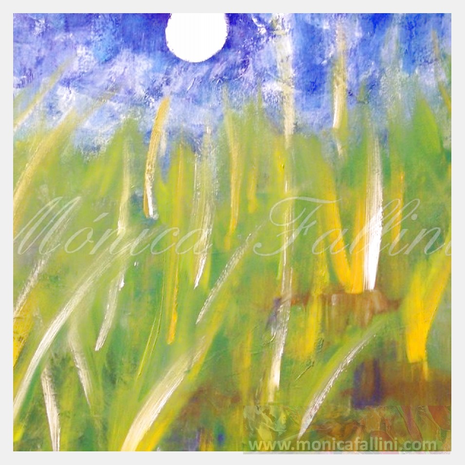 Painting titled 'Moonlight by the swamp' by Monica Fallini