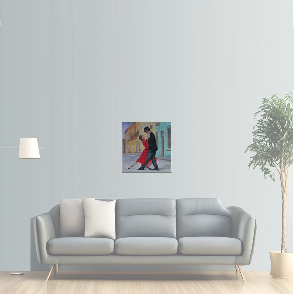 Painting titled 'Dancing tango in the streets of Montevideo' by Monica Fallini