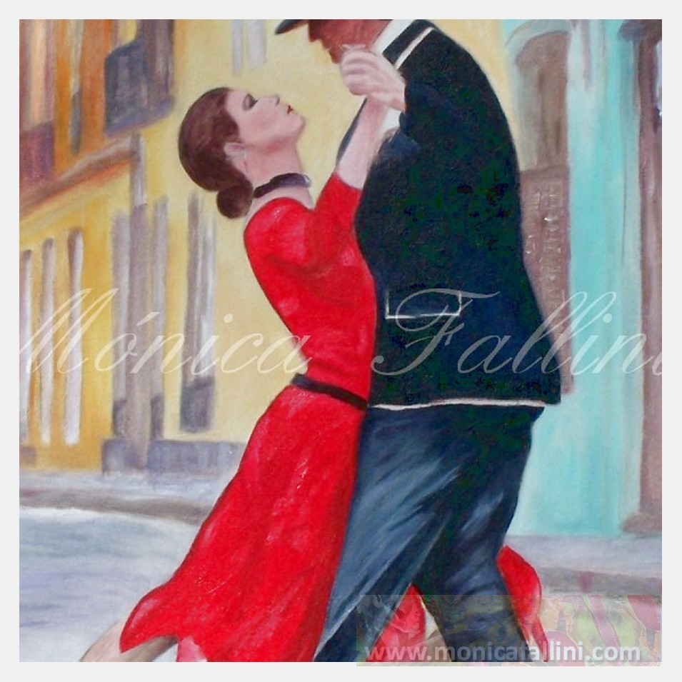 Painting titled 'Dancing tango in the streets of Montevideo' by Monica Fallini