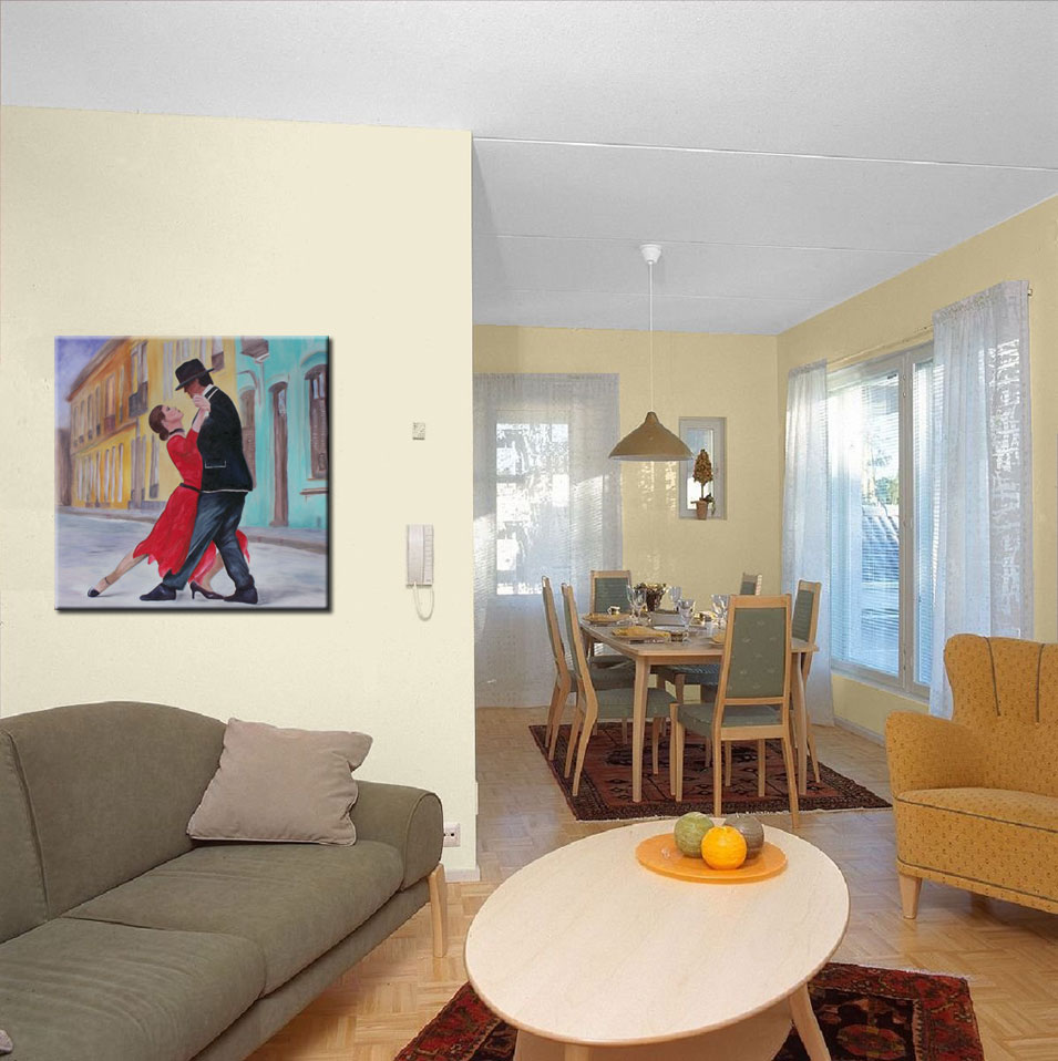 Painting titled 'Dancing tango in the streets of Montevideo' by Monica Fallini