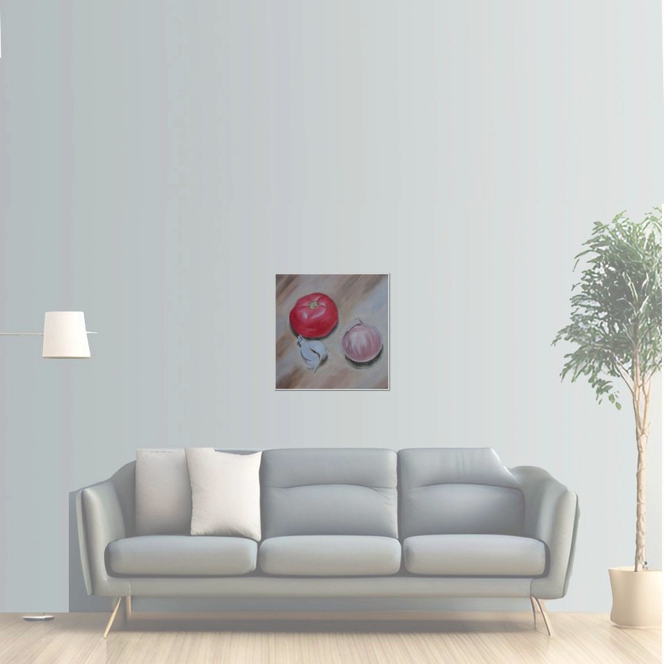Painting titled 'Tomato, garlic and onion' by Monica Fallini