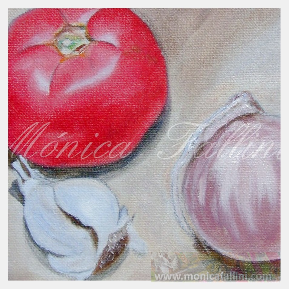 Painting titled 'Tomato, garlic and onion' by Monica Fallini