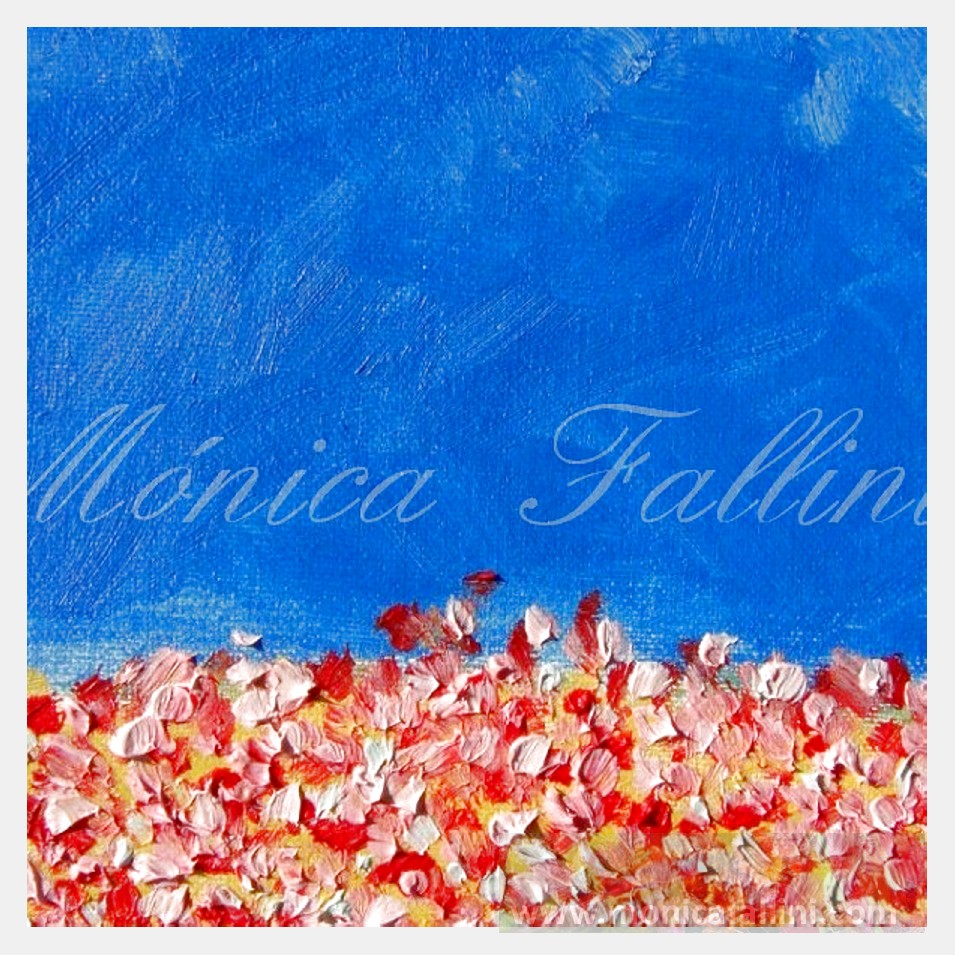 Painting titled 'Multitud, red, pink, white, yellow flowers' by Monica Fallini