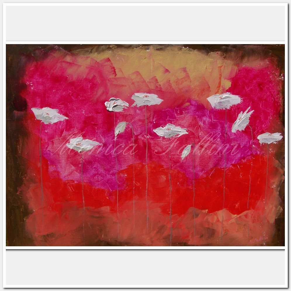 Painting titled 'Amapolas sobre paisaje rojo' by Monica Fallini