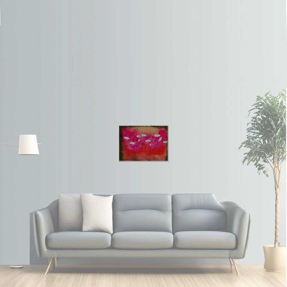 Painting titled 'Amapolas sobre paisaje rojo' by Monica Fallini
