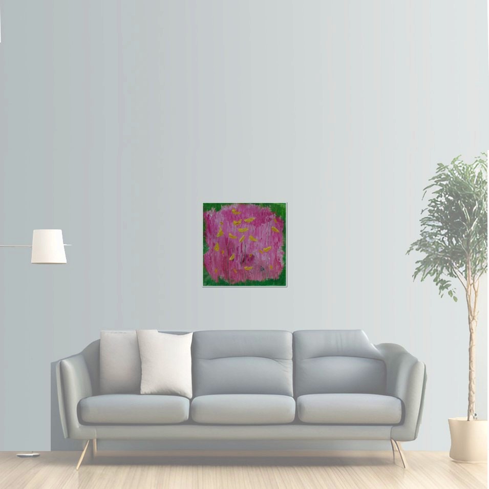 Painting titled 'Pink landscape in a green frame' by Monica Fallini