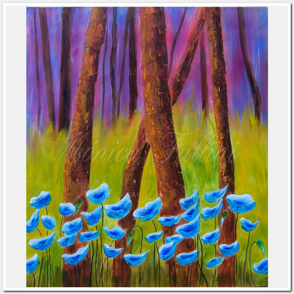 Painting titled 'Awakening, blue Poppies in the forest' by Monica Fallini