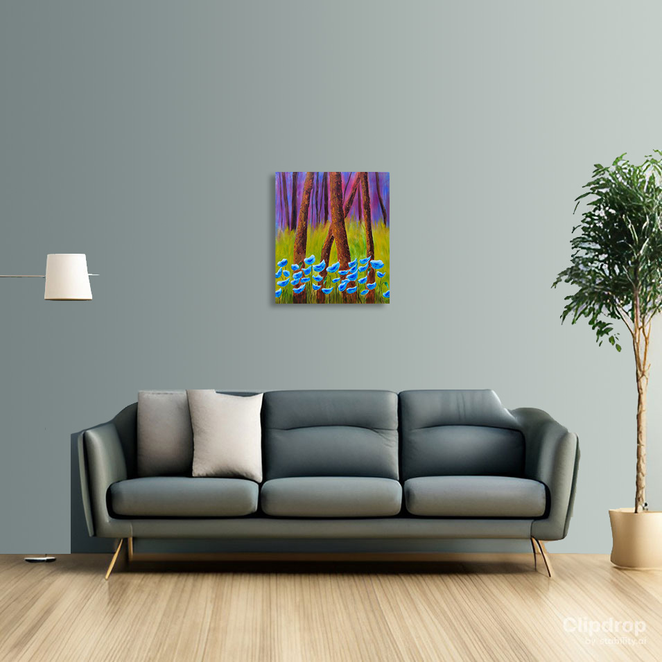 Painting titled 'Awakening, blue Poppies in the forest' by Monica Fallini