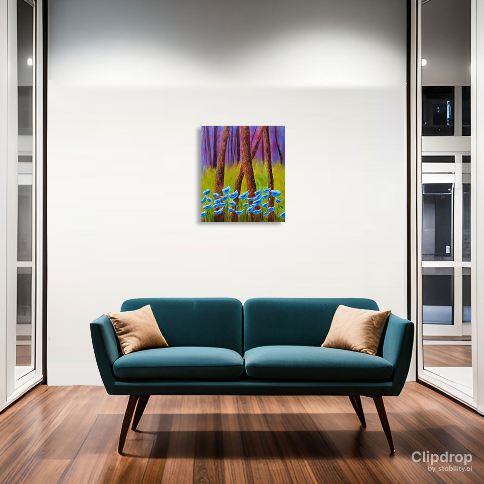Painting titled 'Awakening, blue Poppies in the forest' by Monica Fallini