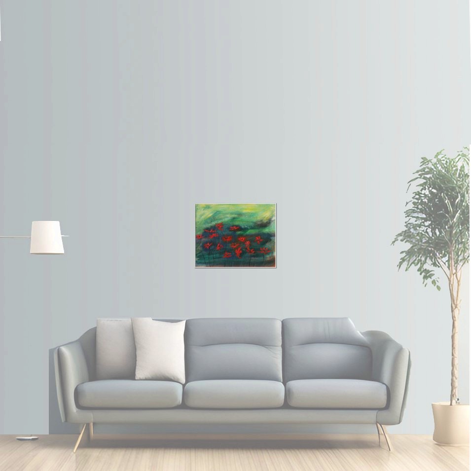 Painting titled 'Fire red poppies, stormy nights' by Monica Fallini